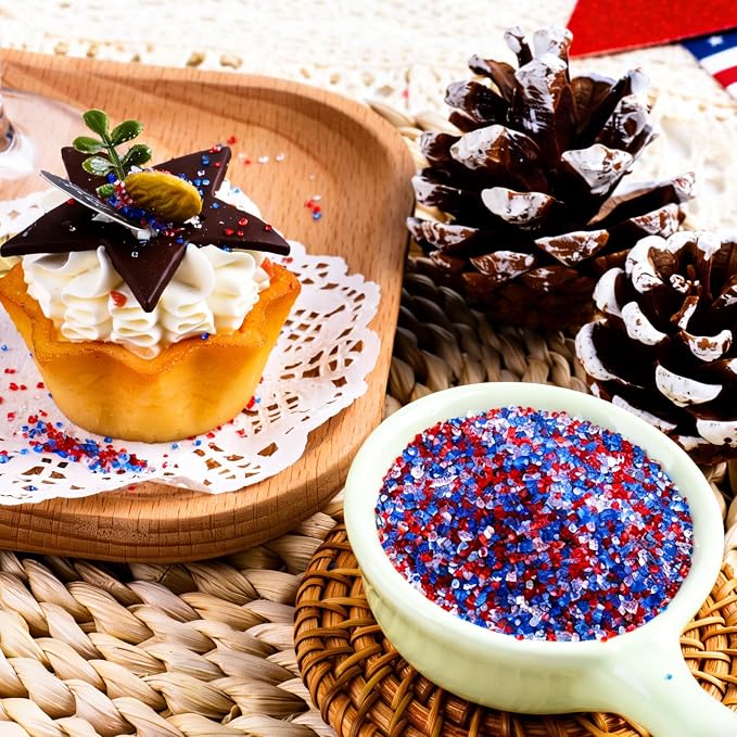4th of July Sanding Sugar Sprinkles, 4.6 oz Edible Red White and Blue Sparkling Sugar Crystals for Baking Topping, Cupcake, Cookie, Ice Cream & Cake Decorating, Patriotic Party Holiday Supplies