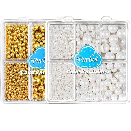 White and Gold Pearl Sprinkles for Cake Decorating(2-Pack), 4 Sizes Sugar 9.2oz, Cupcake, Ice Cream, Donuts, Macaron Toppings Supplies (2mm, 4mm, 7mm, 1cm)