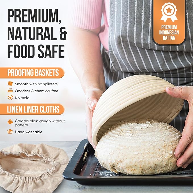 Banneton Bread Proofing Basket Set - Sourdough Bread Baking Supplies and tools, Round 9 Inch Bread Proofing Basket, Bread Lame, Dough Whisk, Metal and Plastic Scrapers, Flour Duster, Bread Making Kit