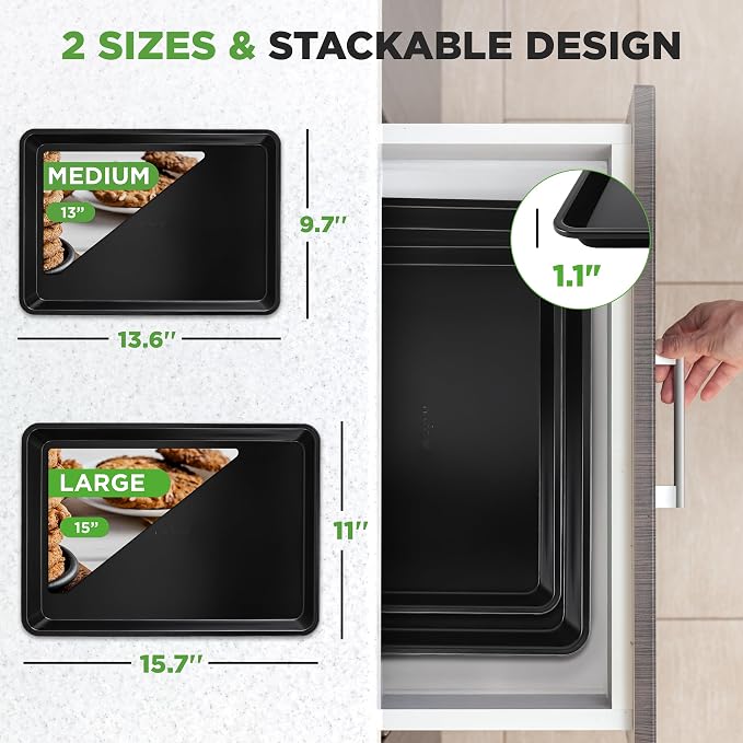 NutriChef 2-Piece Non-Stick Black Cookie Sheets - Versatile & Durable Non-Toxic Carbon Steel Bakeware Sets, Stackable Baking Tray for Cookies, Brownies, Jelly rolls - Oven Safe & Easy Clean