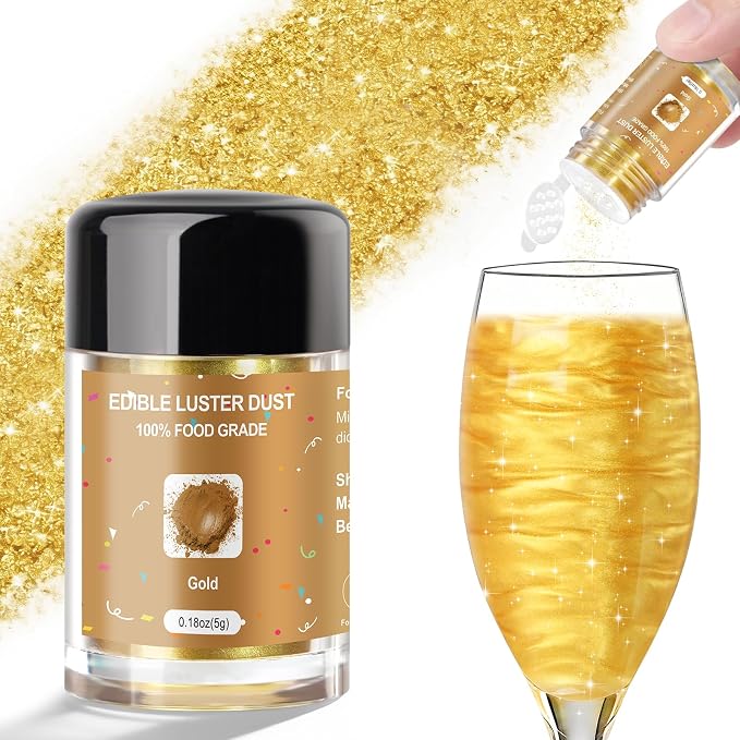 CRPTHE Gold Luster Dust Edible 5g, Edible Glitter for Drinks, Food Grade Glitter Shimmer Sprinkle Powder for Cocktails, Baking, Beverages, Cakes, Strawberries, Cookies, Fondant, Vegan