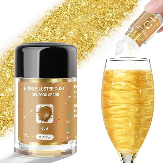 CRPTHE Gold Luster Dust Edible 5g, Edible Glitter for Drinks, Food Grade Glitter Shimmer Sprinkle Powder for Cocktails, Baking, Beverages, Cakes, Strawberries, Cookies, Fondant, Vegan