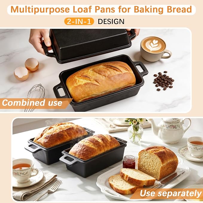 9×5 Inch Cast Iron Loaf Pans with Lids Even Heat Distribution for Baking Bread, 2 Pack Non-Stick Bread Pans for Homemade Sandwich and Sourdough Bread