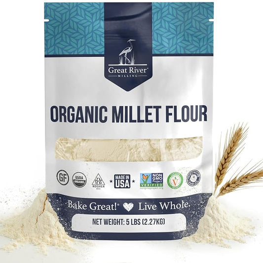 Great River Milling Organic Millet Flour | USDA Organic, Naturally Gluten Free, Non-GMO, Vegan, Kosher | Mild, Nutty Flavor for Baking, Flatbreads, Pancakes & Porridge | 5 Lb