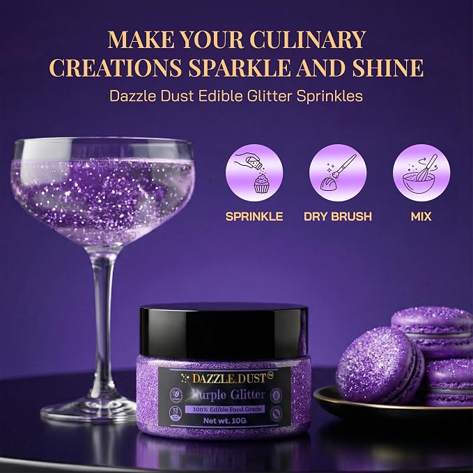 Dazzle Dust Edible Glitter Sprinkles for Cake Decorating, Drinks, Cookie, Icing, Dessert Decorations, Sparkly Luster, Food-Grade, Vegan, Gluten Free, Kosher, Bulk 10g, Purple