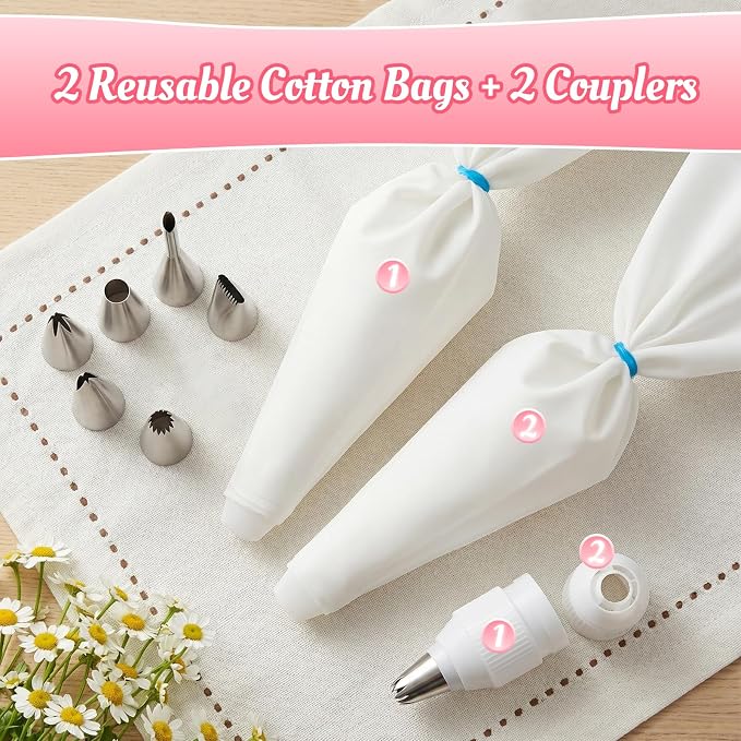 Cleangor Piping Bags and Tips Set, 16 Inch 114 Pcs Cake Decorating Kit with 100 Disposable Icing Bags, 2 Reusable Pastry Bags, 7 Stainless Steel Frosting Tips, 2 Couplers, 2 Bag Ties and 1 Brush