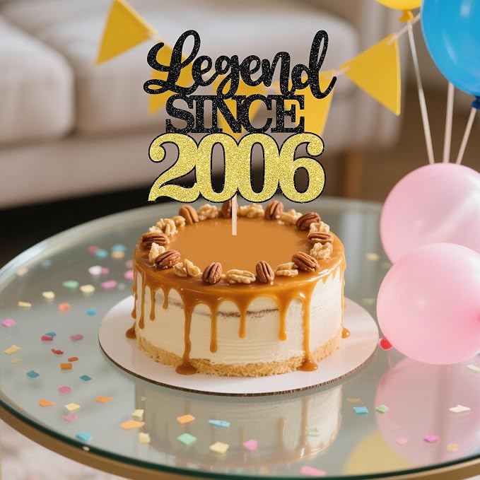 1 PCS Legend Since 2006 Cake Topper Black Gold Glitter Twenty Happy 20th Birthday Cake Pick Hello 20 Cheers to 20 Years Cake Decoration for 20th Birthday Anniversary Party Decorations Supplies