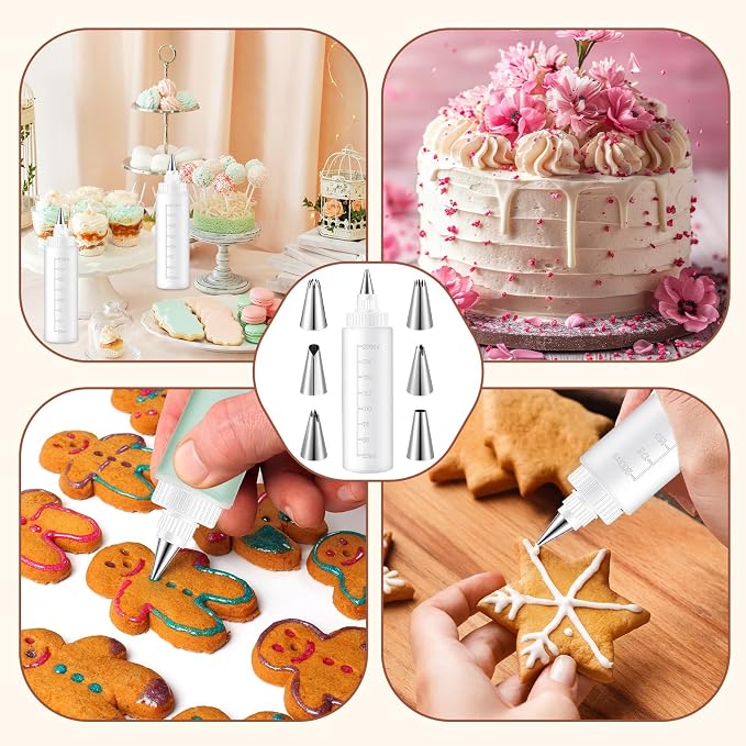 LemonRoad 4 Pcs Piping Bottles for Icing Cookie Decorating Supplies Plastic Squeeze Bottles with 6 Different Piping Tips for Cookie Icing Kit Pancake Squeezing Applicator Writer(8 oz)