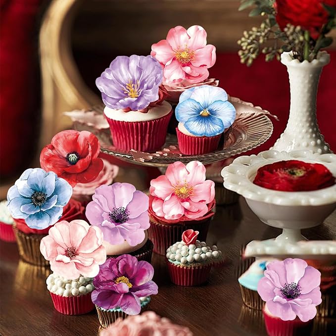 48 PCS Edible Flowers Cupcake Toppers Wafer Paper Wildflower Party Decoration Wedding Themed Party Decorations Picks for Baby Shower Wedding Birthday Party Cake Food Decorations Supplies