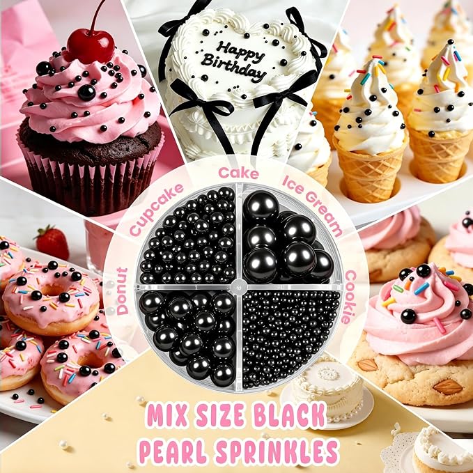 Black Edible Pearl Sprinkles for Cake Decorating, 160g/5.64oz, Sugar Pearls Sprinkles for Cupcake, Cookies, Baking Cake Decorations, 4 sizes, Party Holiday Supplies