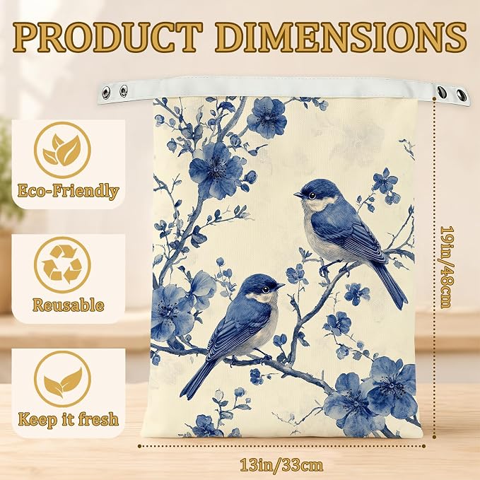 2 Pack Reusable Beeswax Blue Birds Bread Bags, Sourdough Bread Floral Branches Storage for Homemade, Freezer Storage Bag to Keep Fresh, Baguette Bag with Beeswax Liner Kitchen Baking