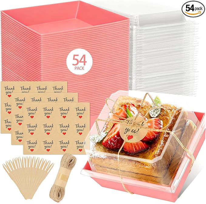 54 Pack Small Charcuterie Boxes with Clear Lids, Paper Mini Charcuterie Box To Go, Disposable Food Container with Lid, Dessert Boxes for Sandwich, Cookie, Sushi, Cake Slice, and Strawberries, Pink