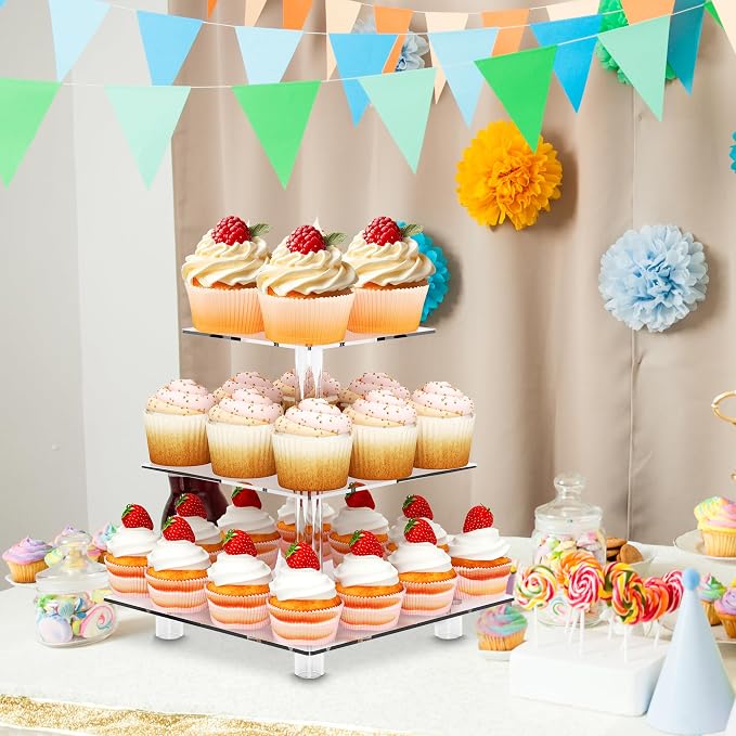 Acrylic Cupcake Stand, Clear Dessert Tower Holder Display with Base for Wedding, Party, Baby Shower, 3 Tier Square, Transparent