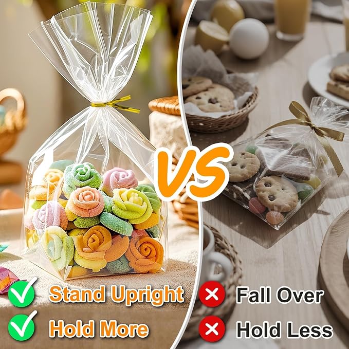PigPotParty Cellophane Treat Bags 6x9 Inch, 100 Pack Clear Goodie Bags with Bottom Gusset for Stand-Up Display, Small Plastic Gift Wrap for Cookies, Candy, Party Favors, Popcorn, Includes 100 Ties