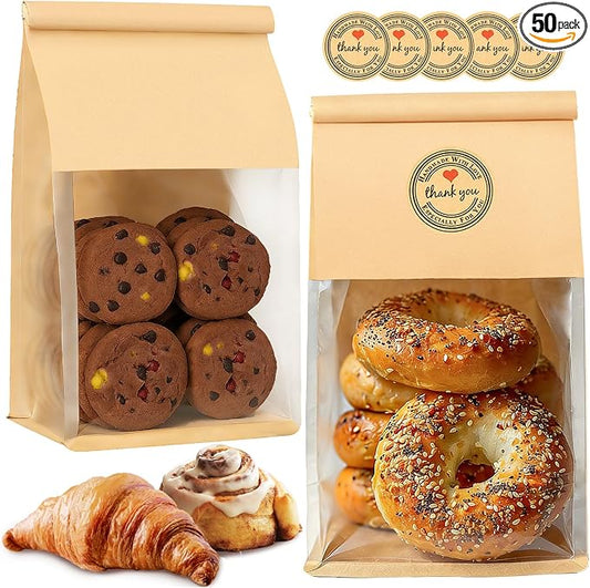 50 PCS Bread Bags for Homemade Breads, 11x5.1x3.9 Inch Resealable Cookie Bags with Tin Tie Tab Lock, Paper Bakery Bag with Window for Packaging Bagels, Muffin, Scone, Brownie, Baked Goods Storage