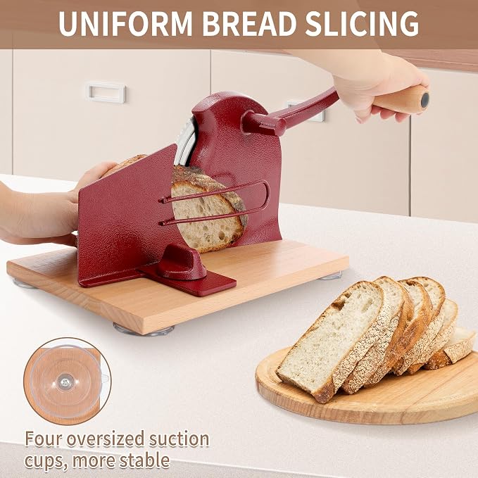 CAWIU Manual Bread Slicer with Hand Crank- Adjustable Thickness Bread Cutter for Even Slices, Perfect for Homemade Sourdough, Sandwich, and More, Red