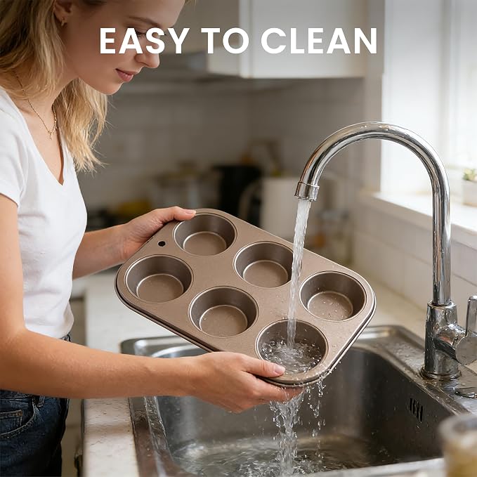 6-Cup Nonstick Muffin Pan for Baking, Heavy Duty Carbon Steel Cupcake Pan and Muffin Tin, Muffin Baking Pan for Cupcakes, Muffins, Brownies and Egg Bites