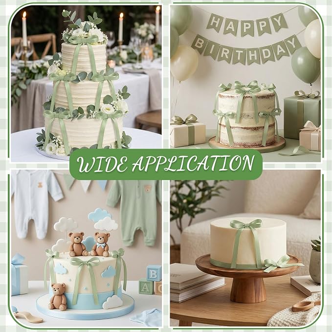 30 Pack Sage Green Bow Cake Toppers Ribbon Bows for Cake Bow Cupcake Toppers for Camping Birthday Party Decorations, Wedding, Bridal Baby Shower, Engagement, Bachelorette Party