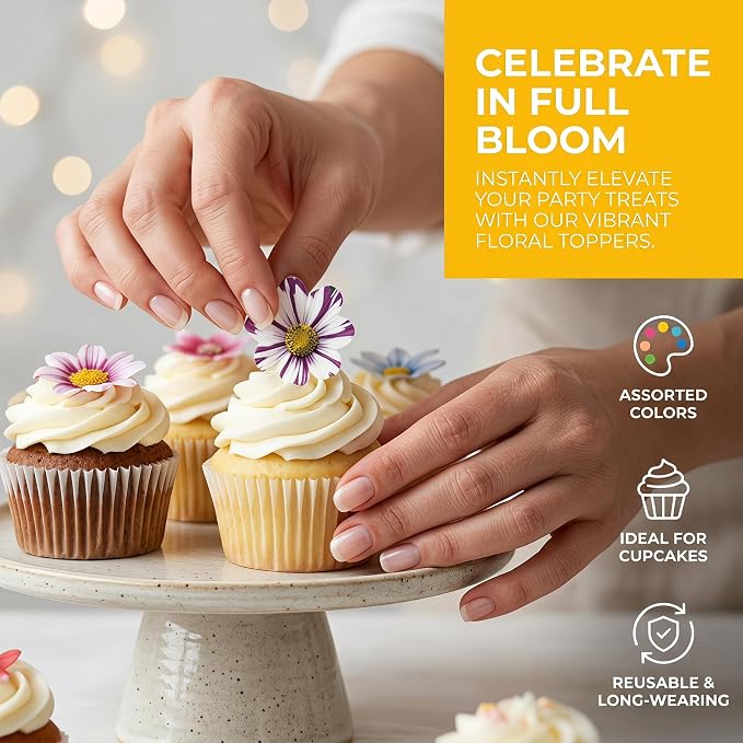 Set of 48 Edible Mini Flower Cupcake Toppers Wedding Cake Birthday Party Food Decoration Mixed Size & Colour