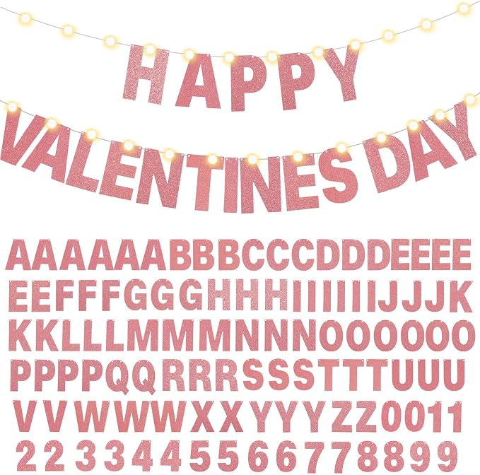 TaoBary 112 Pcs DIY Letter Kit Glitter Customizable Banner Letters Include 107 Letters and Numbers 3 Rope and 2 Needles for Birthday Halloween Christmas Wedding Valentine Party Decor(Rose Gold)
