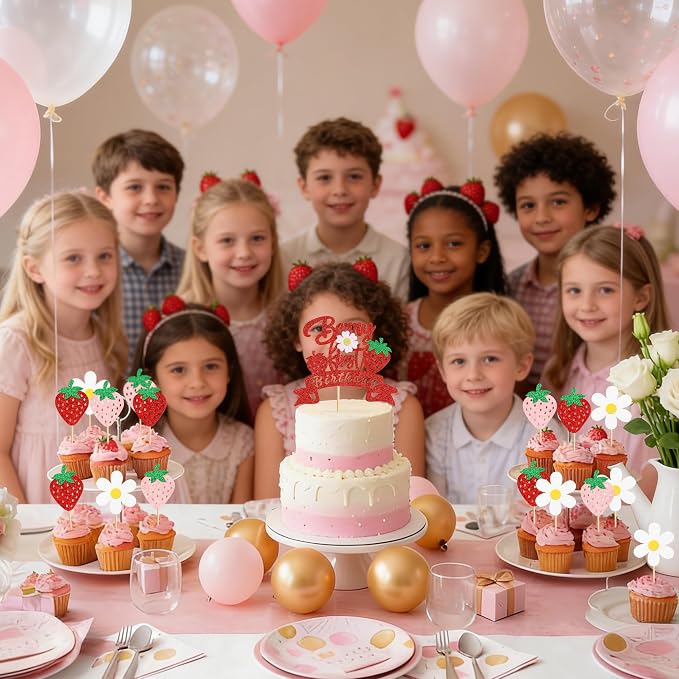 25Pcs Berry First Birthday Cake Topper Glitter Red Strawberry Cupcake Toppers White Flowers Cupcake Picks for Strawberry Baby Shower Boys Girls Birthday Party Cake Decorations