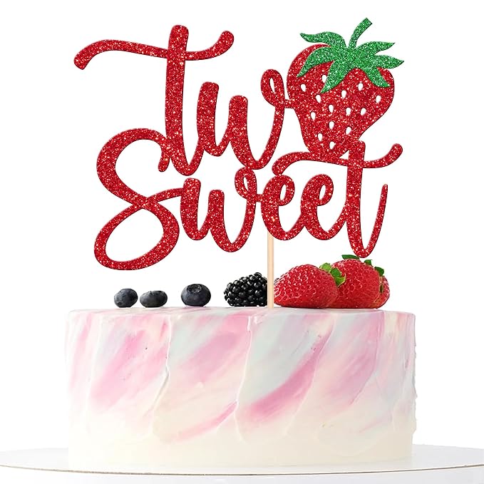 1 PCS Two Sweet Strawberry Cake Topper Red Glitter Strawberry Sweet Two Cake Pick Berry 2nd Birthday Cake Decoration for Strawberry Theme Baby Shower Kids Second Birthday Party Decorations Supplies
