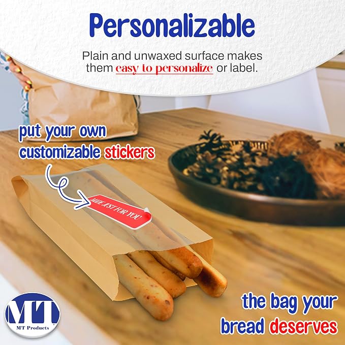 MT Products Kraft Bread Bags 6.5" x 2" x 18" - Disposable Paper Bags (Pack of 50) - Made in the USA