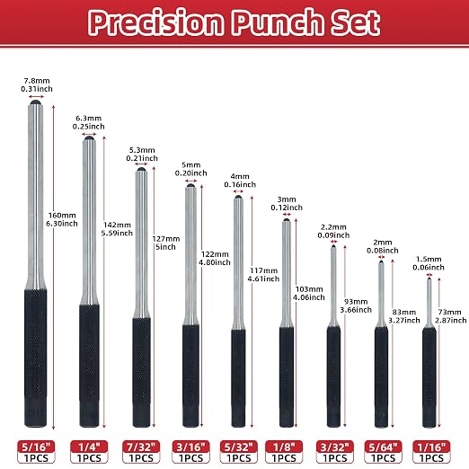 9-Piece Roll Pin Punch Set - Precision Steel Punches for Gunsmithing, Watch Repair & DIY (1/16" to 1/4") - Includes Tool Pouch, Ideal for Firing Pin Removal, Nail Punching & Building Projects