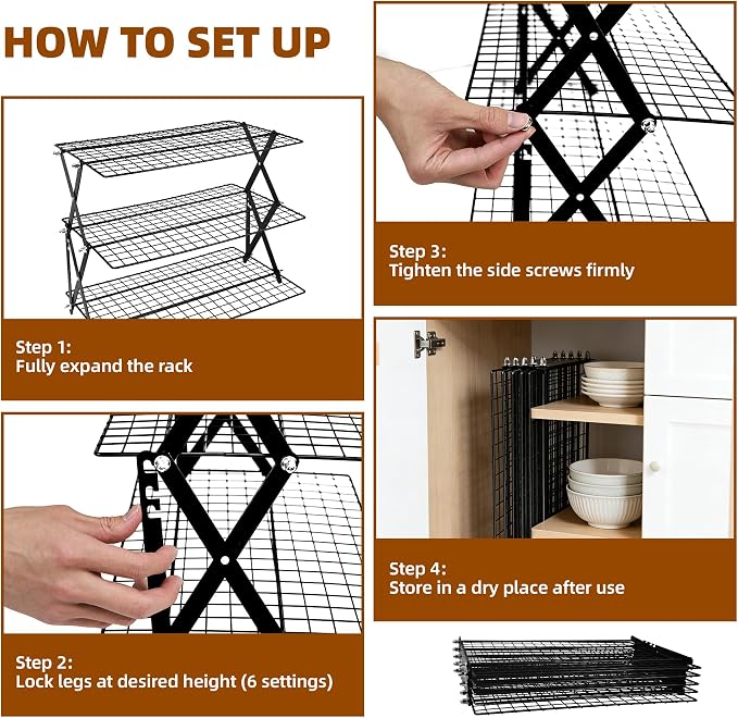 5 Tier Collapsible Cooling Rack with Adjustable 6 Setting Design stackable wire rack for baking sheet for Cookies Baking Gifts for Women (Black, 5-Tier)