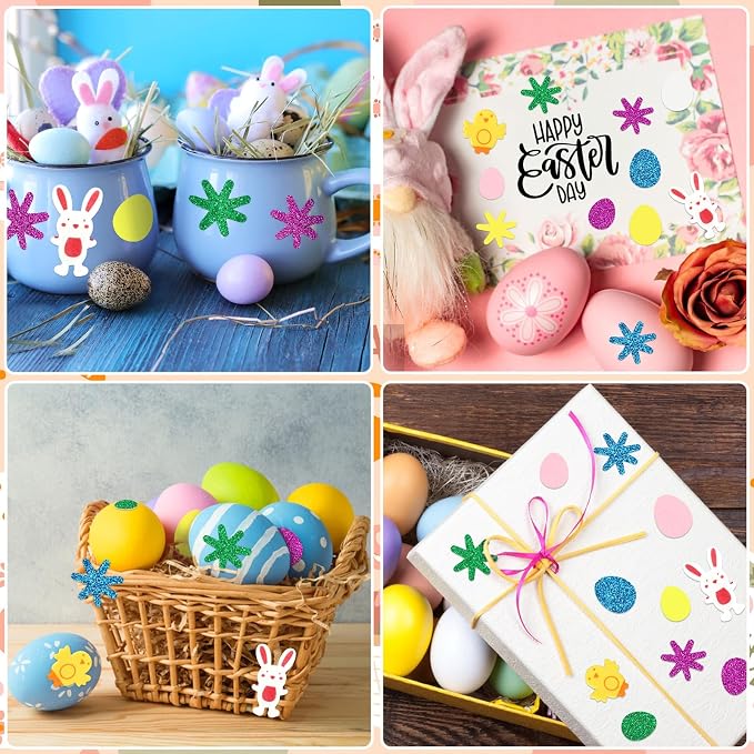 600Pcs Easter Foam Stickers Glitter Bunny Eggs Chick Stickers | Self-Adhesive Easter Egg Flower Decal for Kids, Handmade Card DIY Arts Crafts, Spring Party Favors Decorations