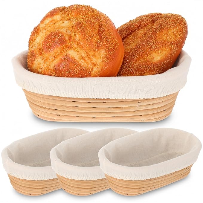 3 Pcs 10 Inch Oval Banneton Proofing Baskets, Rattan Sourdough Bread Baking Supplies with Cloth Liners for Home Bakers