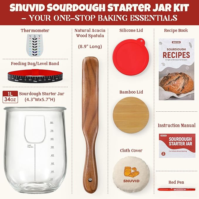 1 L (34 oz) Sourdough Starter Jar Kit, Wide Mouth Potbelly Crock - Glass Sour Dough Starter Bread Jar Set - Sourdough Baking Supplies - Sour Dough Bread Accessories Gifts for Sourdough Lovers