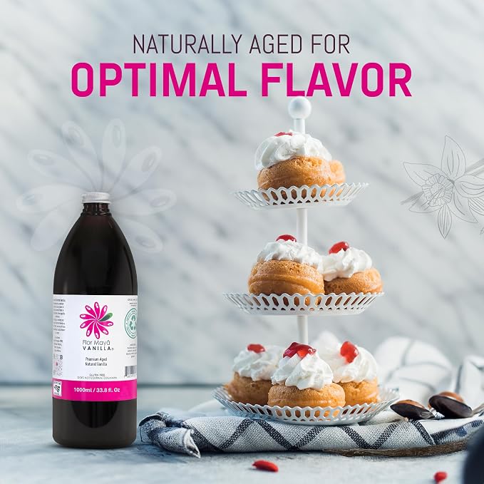 Flor Maya Vanilla Extract – Premium Aged Blend Made with Mexican Vanilla Beans | Gourmet Vanilla Bean Extract for Baking, Cooking & Desserts | Gluten Free, Non-GMO, No Coumarin | 33.8 fl oz
