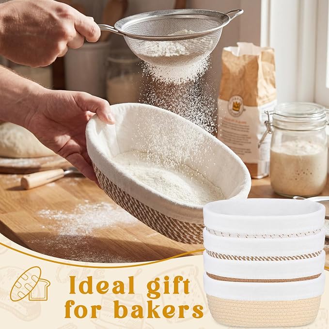 4 Pcs 10 Inch Cotton Rope Banneton Bread Proofing Basket Set Oval Banneton Basket Sourdough Bread with Liners Covers for Baking Supplies (Earth Tones)