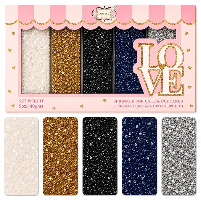 Confect- Funky Disco Sparkling Sugar Sprinkle Mix – 5-Pack Assorted Edible Sugar Crystals in White, Champagne Gold, Black, Bright Blue & Silver – Cake, Cupcake & Cookie Decorating Toppings –Vegan, Gluten-Free, Nut-Free, Soy-Free, Dairy-Free, Palm Oil-F...