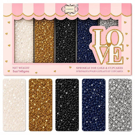 Confect- Funky Disco Sparkling Sugar Sprinkle Mix – 5-Pack Assorted Edible Sugar Crystals in White, Champagne Gold, Black, Bright Blue & Silver – Cake, Cupcake & Cookie Decorating Toppings –Vegan, Gluten-Free, Nut-Free, Soy-Free, Dairy-Free, Palm Oil-F...