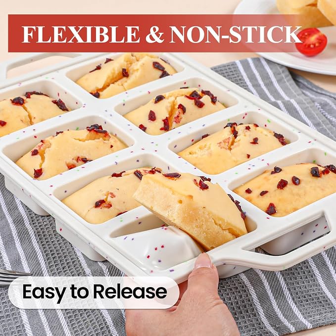 FUNBAKY Mini Loaf Pans with Metal Frame - Silicone Bread Loaf Pan 8-Cavity BPA Free Nonstick for Baking Banana Bread, Cakes, Brownies, Meatloaf 2 Pack