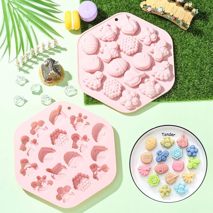 Ipotkitt 2pcs Pink Bee Theme Silicone Candy Molds Insect Animal Spring Theme Gummy Molds for Jelly Fondant Chocolate Candy Mousse Ice Cake DIY Crafts Keto Fat Bomb