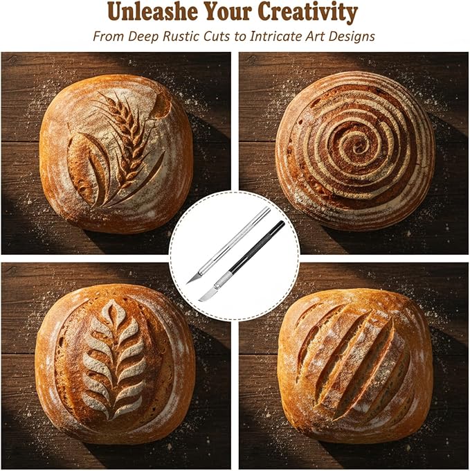 Premium Bread Lame Kit, 2 Professional Sourdough Scoring Tool with 15 Different Shapes Replaceable Blades, 2 Finger Sleeves, Safety Cover Stainless Steel Dough Scoring Knife for Home Baking, Handmade