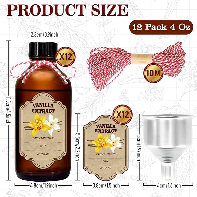 12 Pack Amber Glass Vanilla Extract Bottles 4 oz with Lids, 12 PCS Vanilla Extract Labels and Funnel, Glass Boston Vanilla Bottles for Syrup Gift, Jars Glass Bottles for Vanilla Extract
