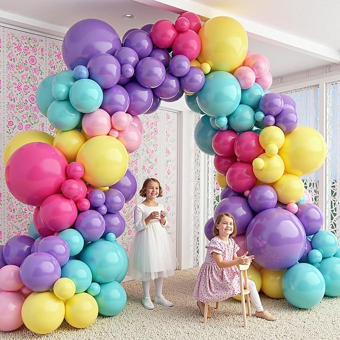 412pcs Purple Blue Pink Balloon Garland Arch Kit, 18 12 10 5 inch Different Sizes Hot Pink Metallic Purple Teal Yellow Balloons for Kid Magic Baby Shower Birthday Engagement Party Decoration