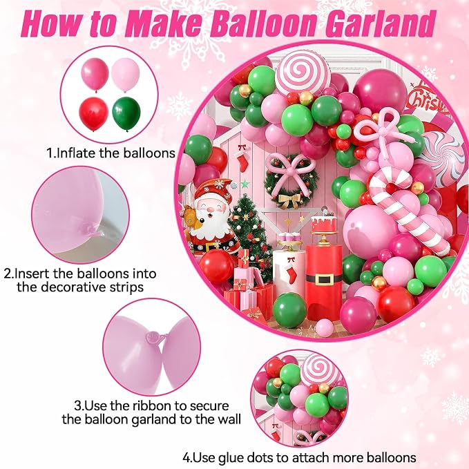 Christmas Balloon Arch Kit, Hot Pink Red Green Metallic Gold Balloons with Snowflake Santa Claus Lollipop Crutch Candy Long Balloons for Christmas Party Xmas Eve Decorations New Year Holiday Supplies