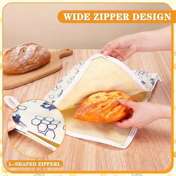 Hahafelt 2 Pack Beeswax Bread Bags with Zipper Seal for Sourdough and Homemade Bread XL Reusable Organic Linen Cotton Beeswax Loaves Food Storage Bag to Keep Fresh(Bee)