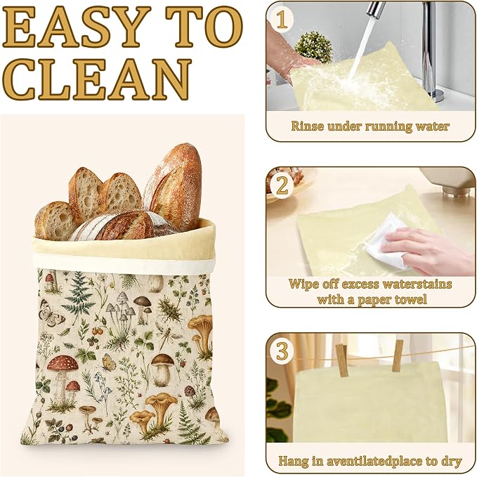 Mushroom Fern Bread Bags for Homemade Bread, Butterfly Garden 2 Pack Linen and Beeswax Sourdough Storage Bags, Reusable Keeper, Keeps Breads Fresh Longer, Gifts for Bakers