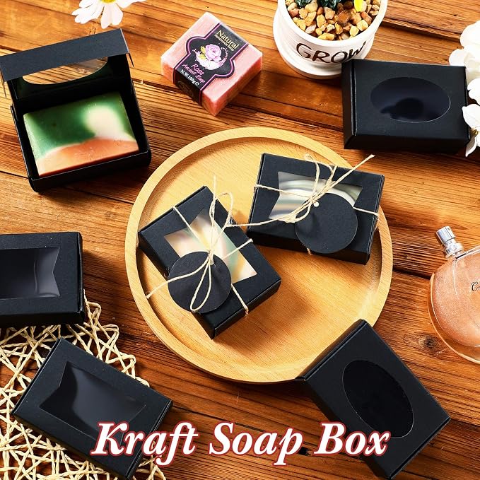 Yexiya 60 Pcs Homemade Soap Boxes 3.55 x 2.4 x 1.2 Inch Kraft Soap Box with Window Mini Gift Packaging Supplies for Homemade Bakery Candy Cookies Party Favor(Black)