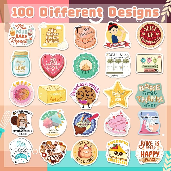 200PCS Baking Stickers, Bakery Vinyl Stickers for Laptops Water Bottles Scrapbooking, Baking Themed Gifts for Bakers, Cute Bakery Party Decorations