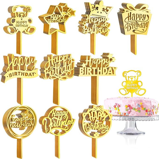 150 Pcs Happy Birthday Cake Toppers Acrylic Cake Topper Glitter Birthday Cake Decorations Double Sided for Adults Various Cake Decoration Party Supplies(Gold,Retro)