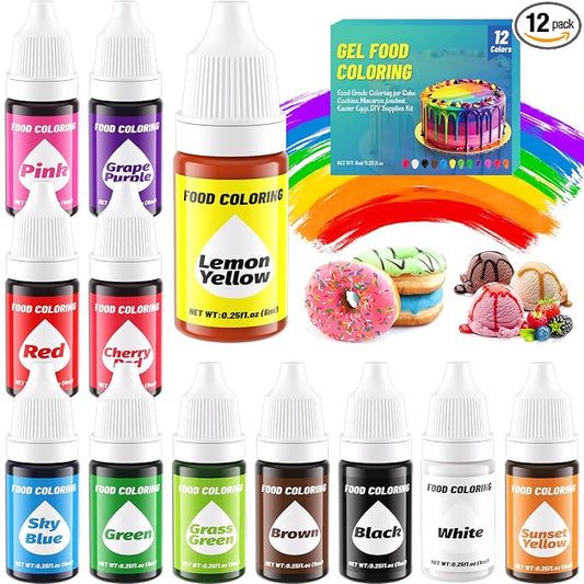 12 Color Gel Food Coloring Liquid Set, KATSPRO Food Grade Tasteless Vibrant Food Coloring Dye for Baking Icing Cake Decorating Cookie Fondant, Frosting, Cookies, Christmas Baking, Easter Egg and DIY Supplies Kit - 0.25 Fl.oz(6ml)/Bottles