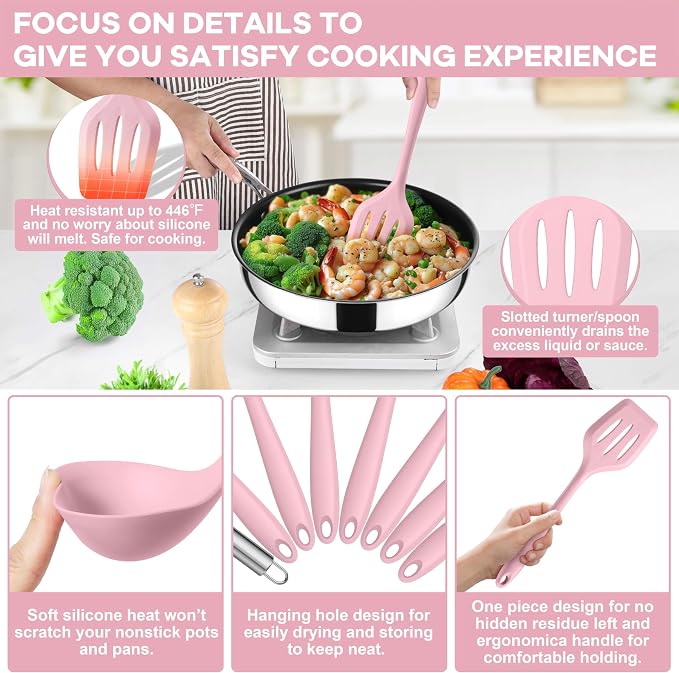 TeamFar Silicone Cooking Utensils Set, 8 PCS Kitchen Utensils Set, 446°F Heat Resistant, Turner, Spatula, Spoon, Whisk, Kitchen Cooking Gadgets Tools for Nonstick Cookware, Dishwasher Safe-Pink