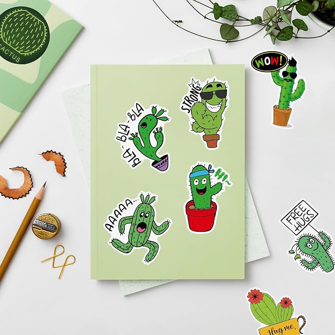 50 Pcs Green Cactus Stickers for Water Bottles, Waterproof Vinyl Cute Plant Stickers for Scrapbook Laptops, Green Decorative Decals for Kids Boys Girls Teens